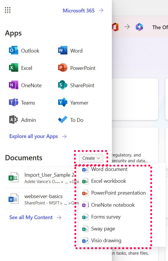 Creating a document from Microsoft 365 App Launcher  