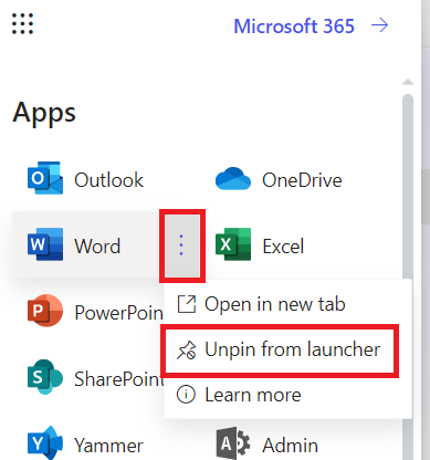 Unpinning an app from Microsoft 365 App Launcher 