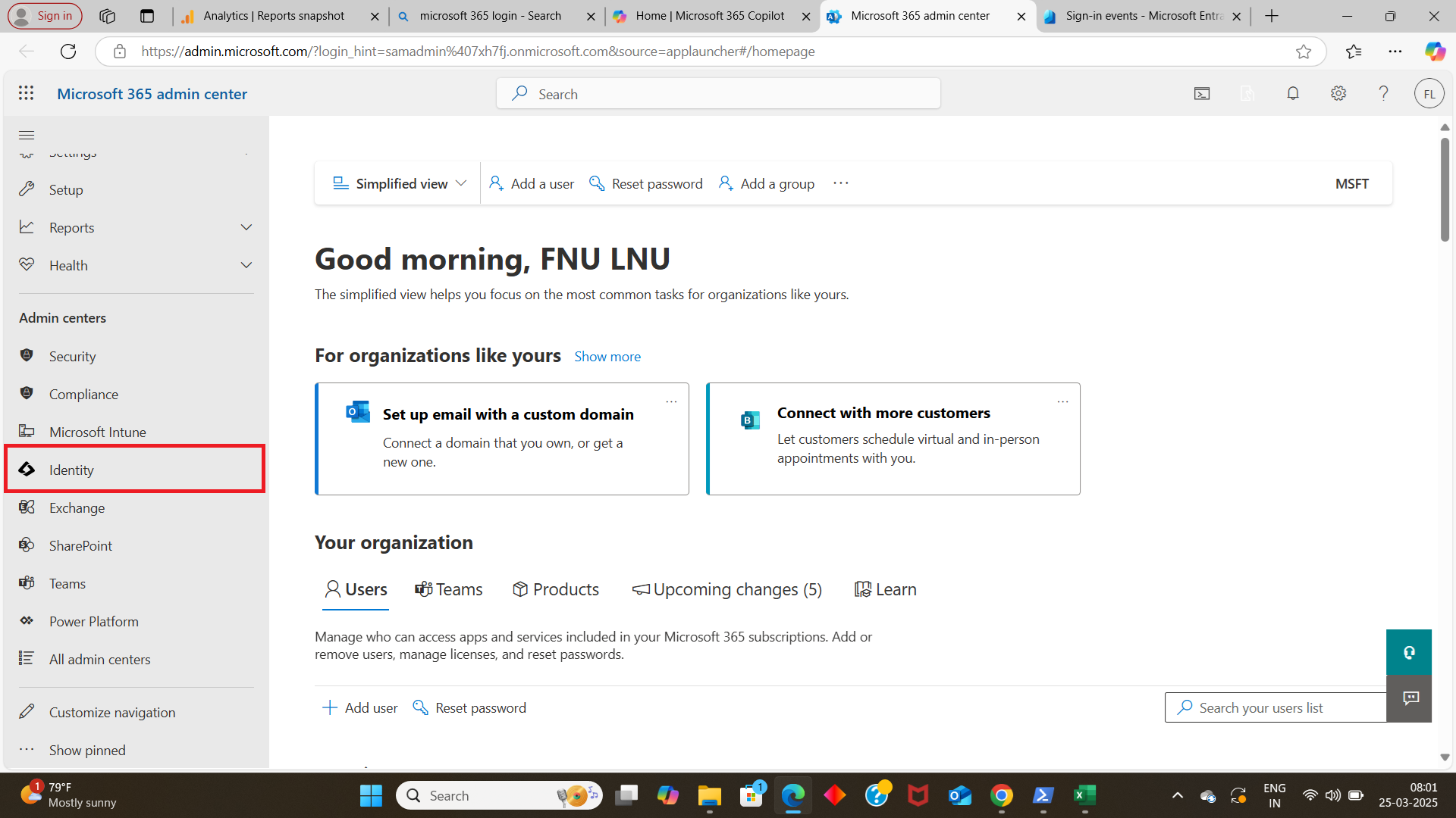 Image shows how to access Microsoft Entra Admin Center from Microsoft 365 Admin Center hub.
