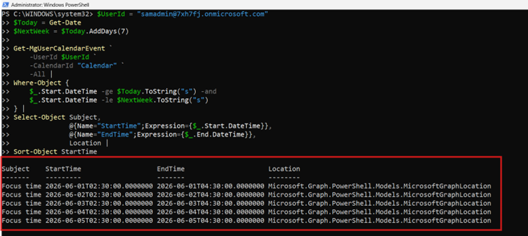 PowerShell output showing calendar events filtered by date range using the Get-MgUserCalendarEvent cmdlet in Microsoft Graph PowerShell.