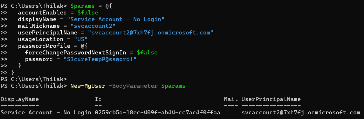 PowerShell script creating service accounts without login using New-MgUser